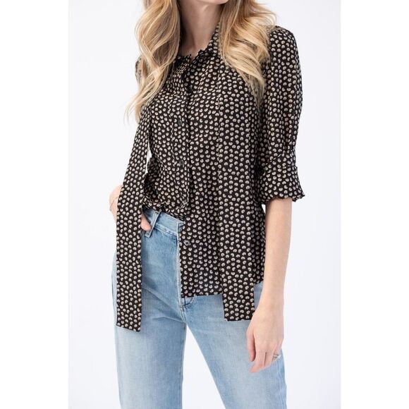 Re/Done 70s Tie Blouse in Beige and Black Croissant Print Size S - Picture 3 of 12